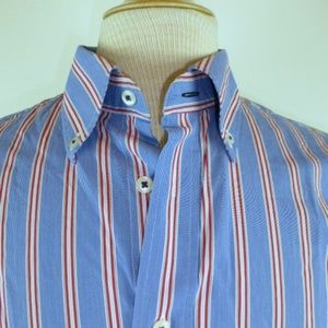 John Edward Navy blue red stripe dress shirt M